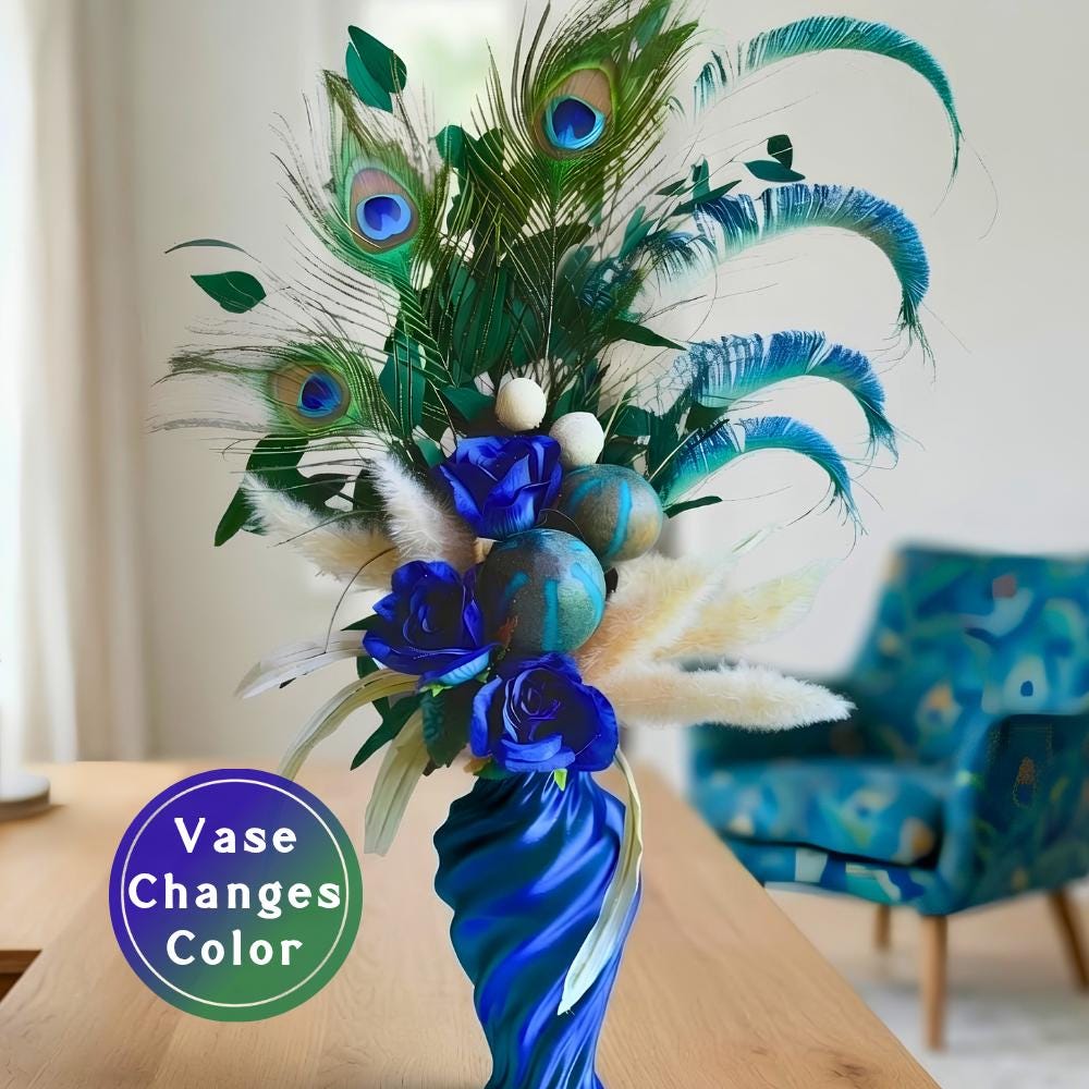 Modern Peacock Centerpiece with Blue Flowers in 3D