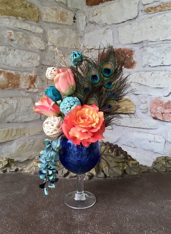 Peacock Feather Floral Arrangement Orange Roses Tulips Blue Etsy