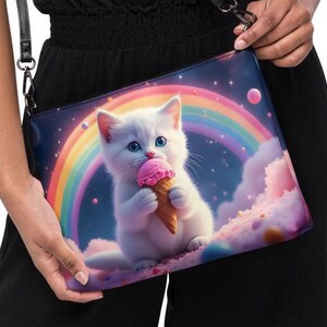 Katzen Umhängetasche - Regenbogen Kitty Armband, lustige Katze mit Eistüte Mode-Accessoire, süße bunte Kätzchen Umhängetasche