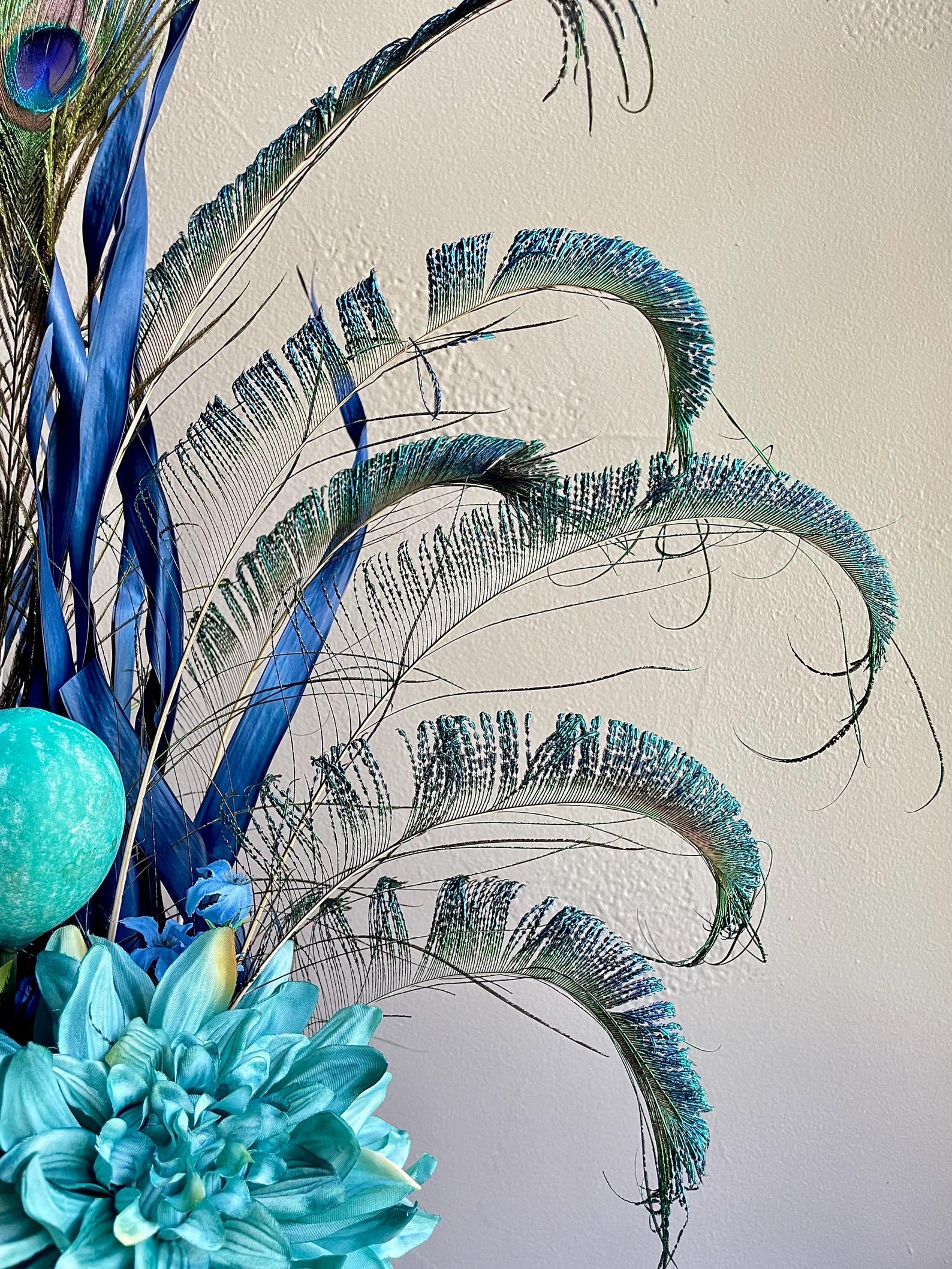 Modern Teal Blue Floral Arrangement With Peacock Feathers: Artificial ...