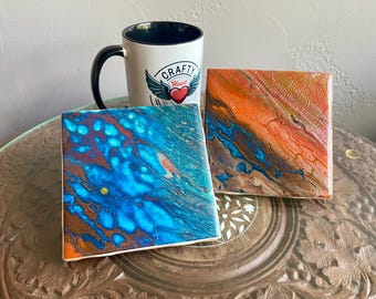 Handmade Blue and Orange Acrylic Pour Coasters: Abstract Fluid Art Drink Coasters (Set of 2)