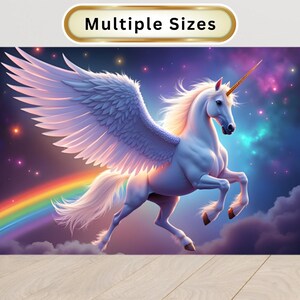 Einhorn Poster - Pegasus Wandkunst für Kinderzimmer oder Spielzimmer, Niedliches Fantasy Dekor für Kinderzimmer oder Spielzimmer, Lustiges Regenbogen & Fliegendes Pferd Bild