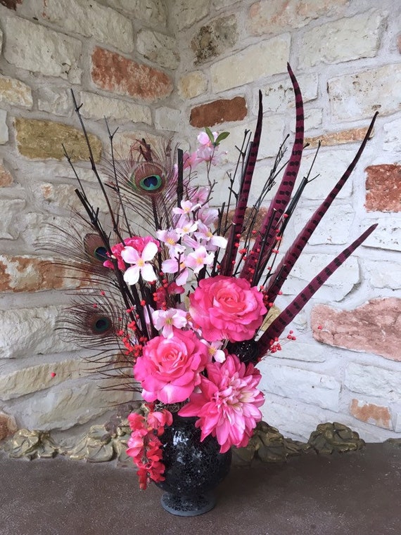 Peacock Feather Floral Arrangement Pheasant Pink Roses Etsy