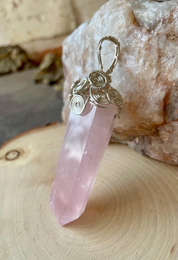 Large Pink Rose Quartz Crystal Pendant Wire Wrapped Inch