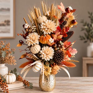 May include: A decorative floral arrangement in a gold mercury glass vase featuring cream dahlias, orange pumpkins, wheat stalks, pinecones, and autumn-colored maple leaves. The display includes small white pumpkins, berries, and dried grasses in shades of brown, orange, and cream.