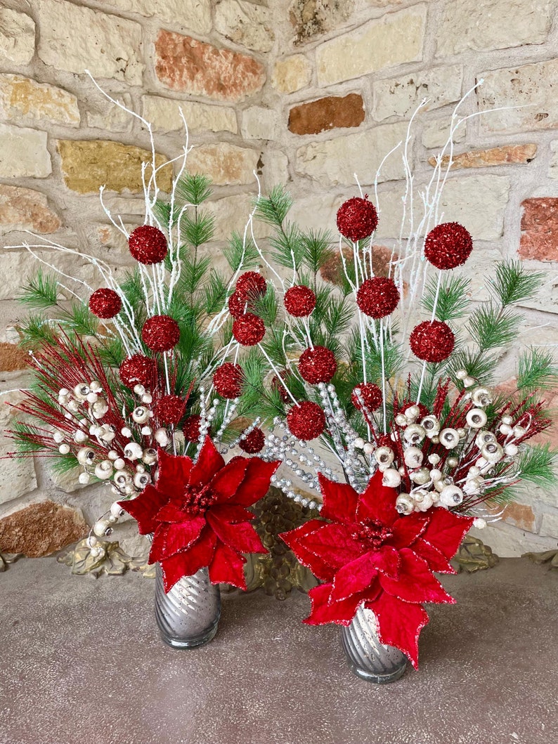 Set of Christmas Floral Arrangements Holiday Table Centerpiece With Red