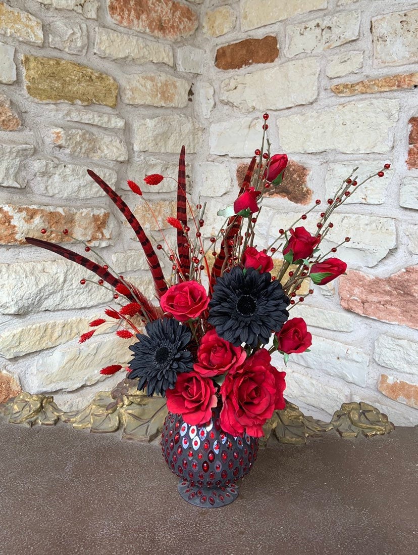 Red Roses Floral Arrangement Rose Flowers Pheasant Feathers Etsy