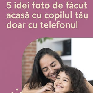 May include: Image of a smiling woman and child. The text overlay reads "PDF downloadable - Digital Guide" and "5 photo ideas to take at home with your child just with your phone."