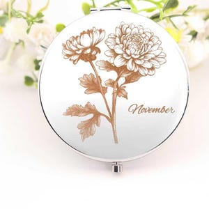 Personalized Birth Flower Compact Mirror: Engraved Silver Floral Pocket Mirror