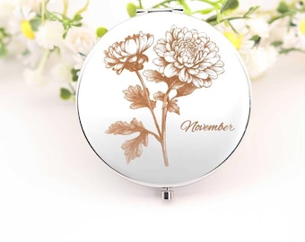 Miroir compact fleur de naissance personnalisé : miroir de poche floral argenté gravé