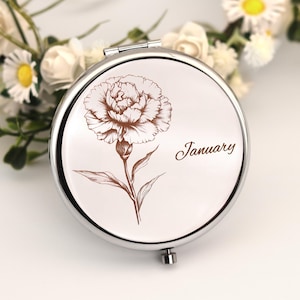 Personalized Birth Flower Compact Mirror: Engraved Silver Floral Gift