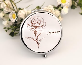Miroir compact fleur de naissance personnalisé : cadeau floral argenté gravé