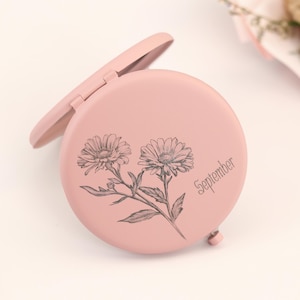 Personalized Birth Flower Compact Mirror: Matte Pink Floral Gift