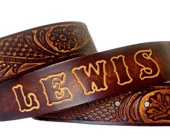 Personalized Tooled Leather Belt: Western Floral Full Grain Cowhide