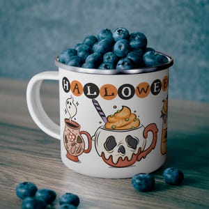 Halloween Camping Mug, Pumpkin Spice Coffee Cup, Fall Campfire Enamel Mug, Trick or Treat Tea Mug, Spooky Hot Cocoa Mug, Autumn Beverage Mug