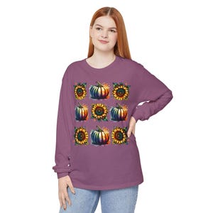T-shirt met lange mouwen, zonnebloem en pompoen, herfstshirt, herfst-T-shirt, oogsttop, bloemdessin