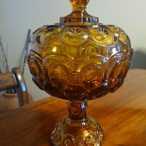 Vintage L.E. Smith Amber Moon and Stars Glass Pedestal Candy/Compote Dish with Lid