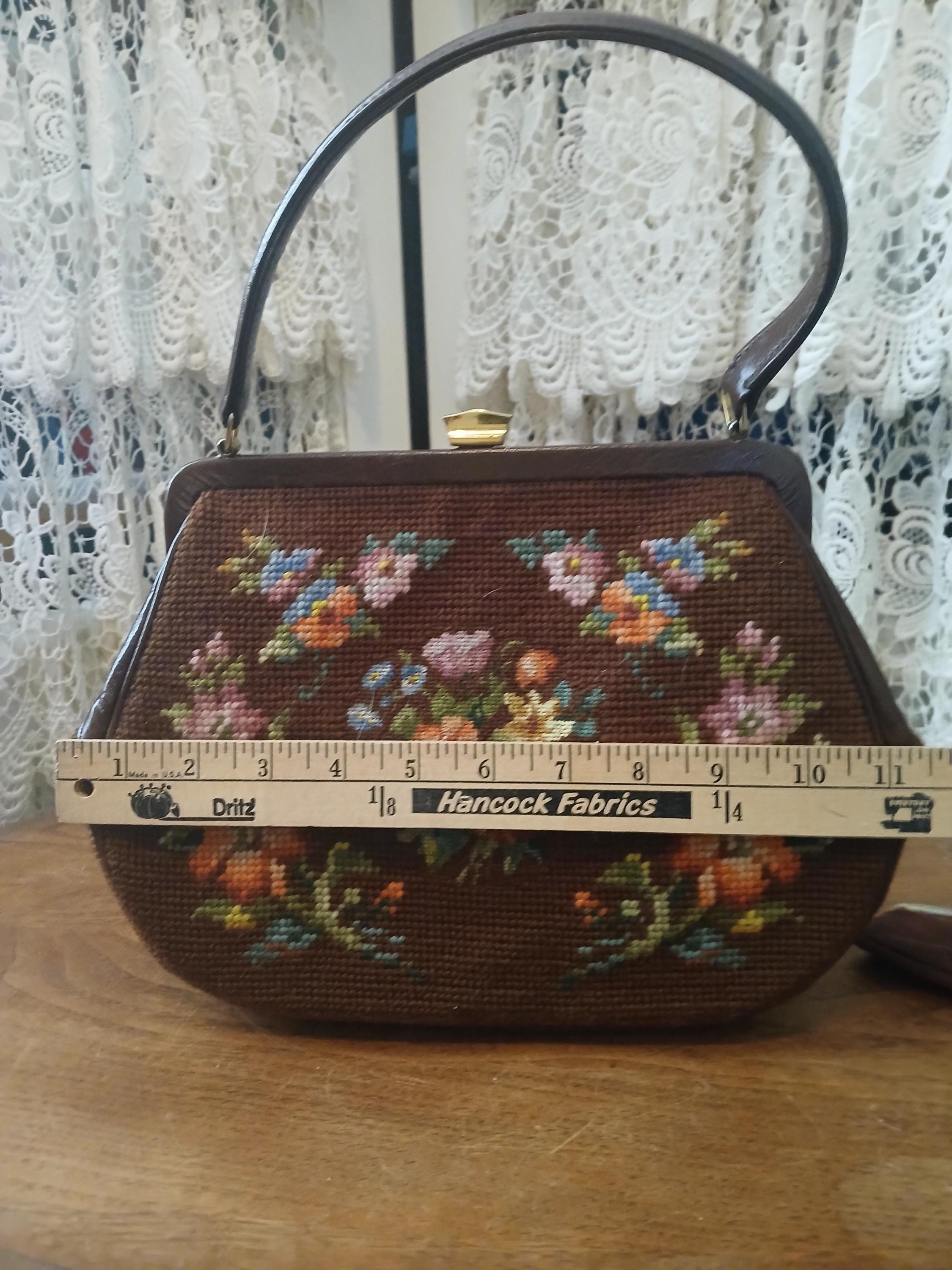 1920s/1930s Floral Needlepoint Tapestry Rhinestone Faux  Vintage Floral Needlepoint Frame Handbag with Brown Faux Leather Trim main image 2