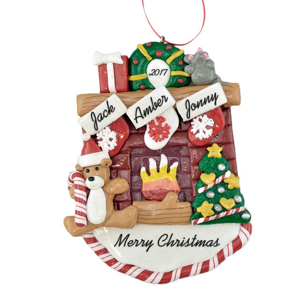 Family of 3 at Fireplace for Christmas Personalized Ornament With Pet ...