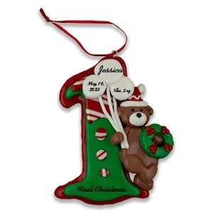First Christmas #1 with Teddy Bear and Balloons Personalized Birth Details on Christmas Ornament by Calliope Designs