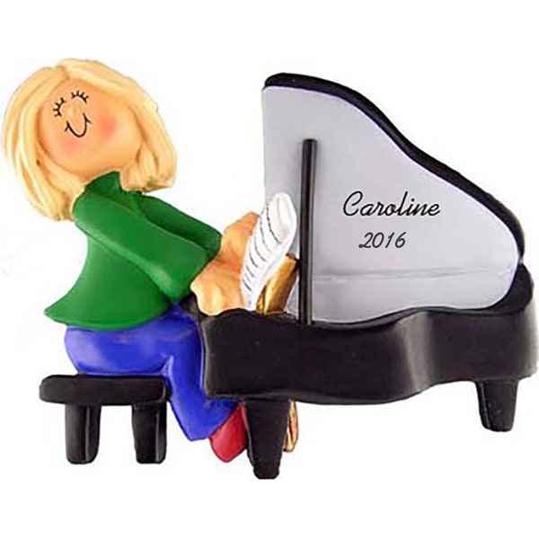 Piano Player Female Blonde, Brunette, Afr. American Personalized Christmas Ornament