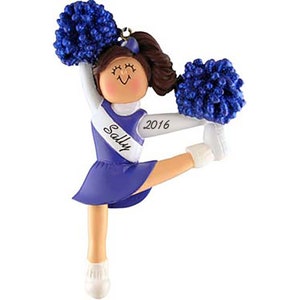Blonde, Brunette, Afr. American Cheerleader with Pom Poms Blue Uniform Personalized Christmas Ornament