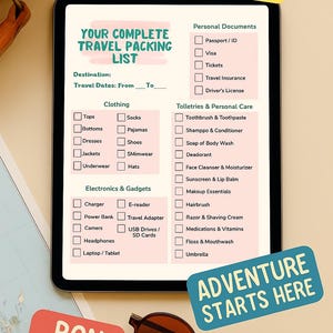 Printable Travel Packing List | Vacation Checklist | Digital Download PDF | Trip Planner | Minimal Packing List for Holiday and Travel