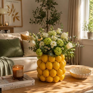 May include: A unique vase crafted from lemons, filled with white and green flowers. The arrangement sits on a wooden table, alongside a lit candle and a decorative bowl. The vase is the focal point of the image.