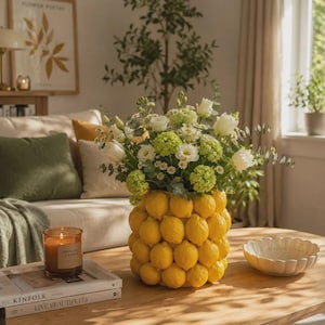 Könnte beinhalten: Eine zylindrische Vase aus einer Ansammlung realistischer gelber Zitronen, gefüllt mit einem üppigen Arrangement aus weißen Rosen, grünen Hortensien, kleinen weißen Gänseblümchen und Eukalyptuszweigen, das ein lebendiges botanisches Display bildet.