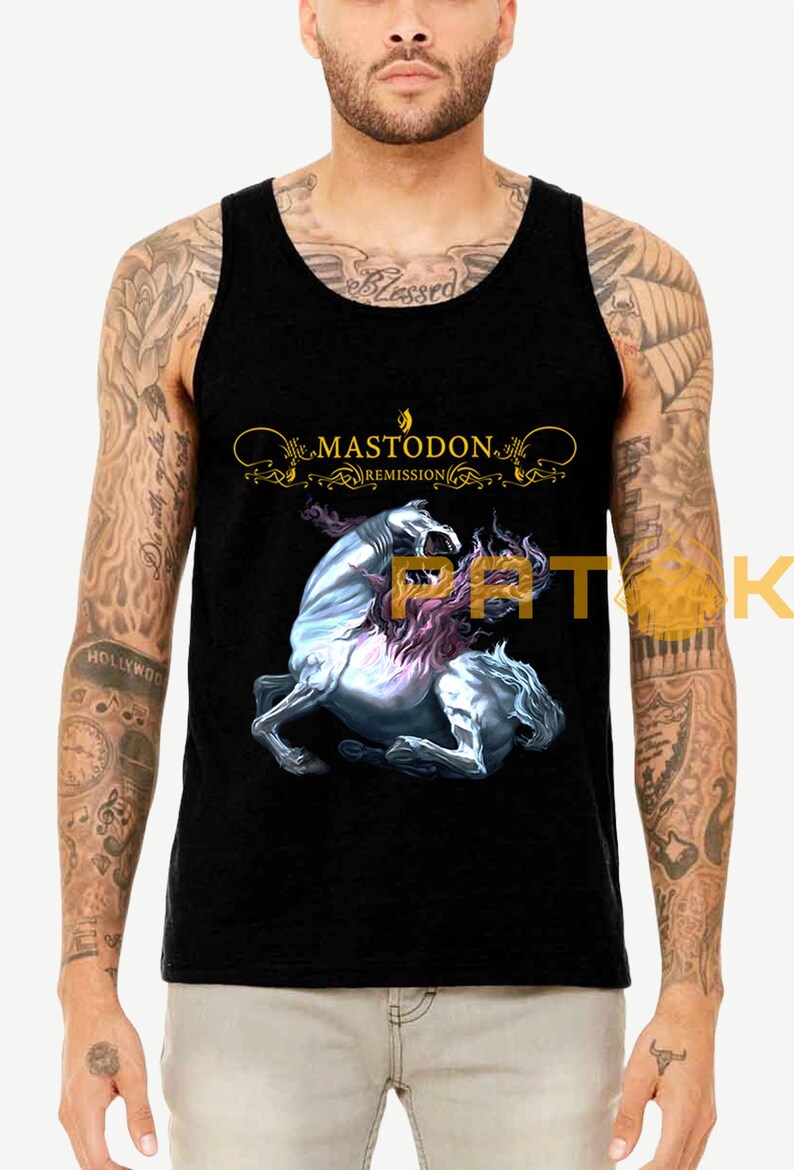 May include: Black tank top featuring the band Mastodon's "Remission" album art. The design includes a rearing white horse with purple and pink mane and tail, and the band's name in gold lettering.