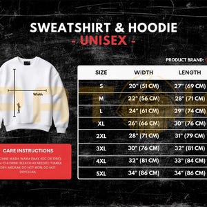May include: White unisex sweatshirt with measurements and care instructions. The size chart shows widths from 20 inches (51 cm) to 34 inches (86 cm) and lengths from 27 inches (69 cm) to 34 inches (86 cm). The brand is Gildan.