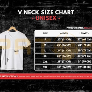 May include: White unisex V-neck t-shirt on a hanger, with a size chart showing measurements in cm. The image also includes care instructions. The product brand is Bella Canvas.