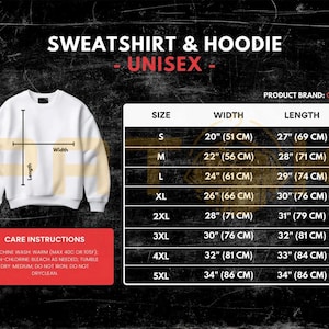 May include: White unisex sweatshirt with measurements and care instructions. The size chart shows widths from 51 cm to 86 cm and lengths from 69 cm to 86 cm. The care instructions include machine wash warm, tumble dry medium, and do not dry clean.