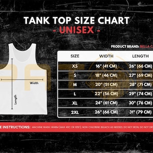 May include: Unisex tank top size chart with measurements in cm. Sizes range from XS to 2XL, with widths from 41 cm to 66 cm and lengths from 66 cm to 79 cm. Includes care instructions. Product brand: Bella Canvas.