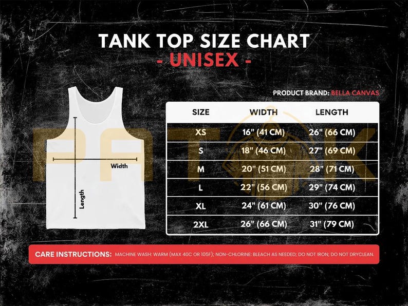 May include: Unisex tank top size chart with measurements in cm. Sizes range from XS to 2XL, with widths from 41 cm to 66 cm and lengths from 66 cm to 79 cm. Includes care instructions. Product brand: Bella Canvas.