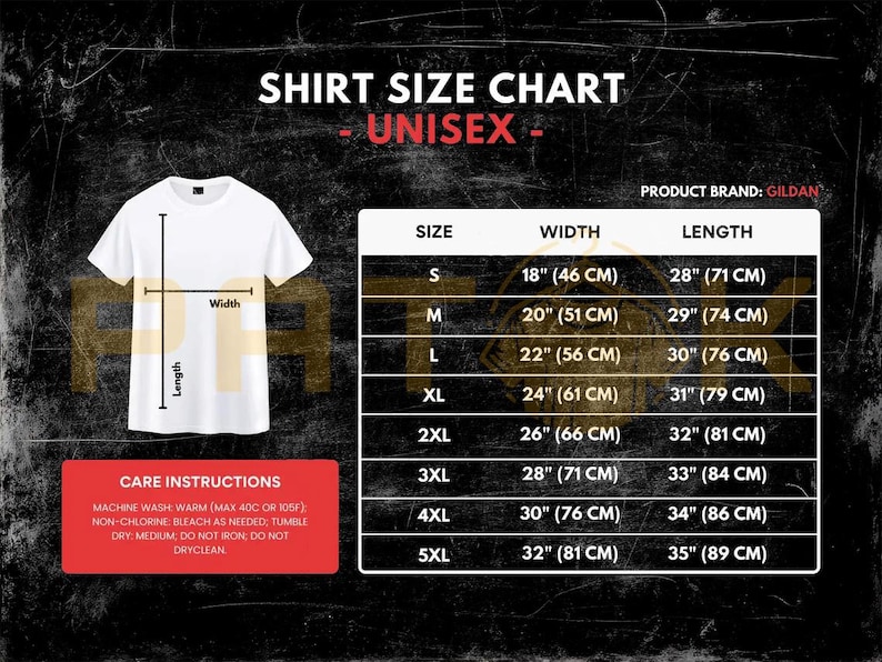 May include: A white t-shirt with a size chart for unisex shirts. The chart shows measurements in inches (with cm equivalents) for width and length, from S to 5XL. Care instructions are also included.