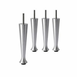 May include: Four silver-colored furniture legs with a tapered design. Each leg has a threaded bolt at the top and a flared base with a black rubber foot. The legs are designed for furniture and have a modern aesthetic.