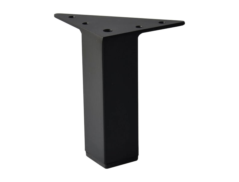 May include: A black, modern furniture leg with a triangular top and a rectangular base. The top has pre-drilled holes for easy attachment. The leg is made of metal and has a matte finish. This furniture leg is designed for sofas, chairs, and other furniture.