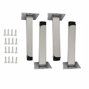 Shiny Chrome Metal Furniture Legs: 6" Modern Square Adjustable Feet - 4pc Set