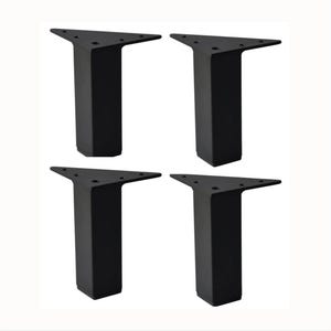 May include: Four black metal furniture legs. Each leg has a triangular top with pre-drilled holes for mounting and a rectangular base. The legs are designed for furniture support and are a solid black color.