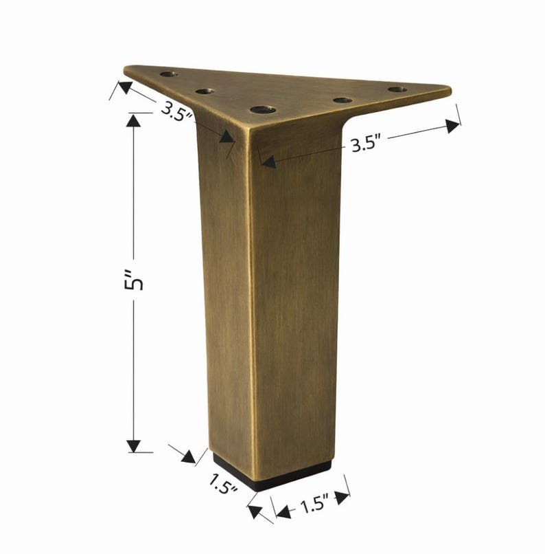 May include: A bronze-colored furniture leg with a triangular top and a rectangular base. The leg is 5 inches tall, with the top measuring 3.5 inches on each side and the base measuring 1.5 inches on each side.