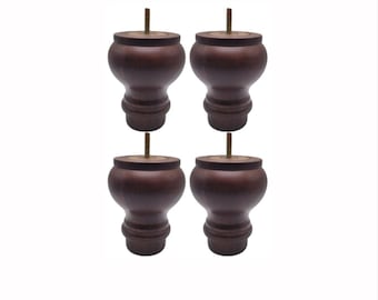 4pc Large Wood Furniture Legs Turned Walnut Replacement Sofa Couch Cabinet Feet 4.5" H
