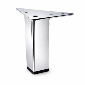 May include: A chrome-finished furniture leg with a triangular top and a rectangular base. The leg has a polished, reflective surface and three circular holes on the top. The base is black. This modern furniture component is designed for stability and style.