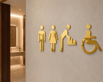 Minimalistic Acrylic Bathroom WC Signs – Male, Female, Baby, Disabled Icons – Restroom Wall Symbols