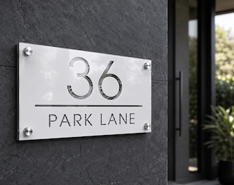 Luxury Acrylic House Number Sign, Modern Address Plaque, White Silver Custom Street Name Sign