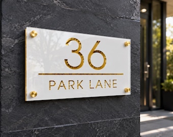 Luxury Acrylic House Number Sign, Modern Address Plaque, White Gold Custom Street Name Sign