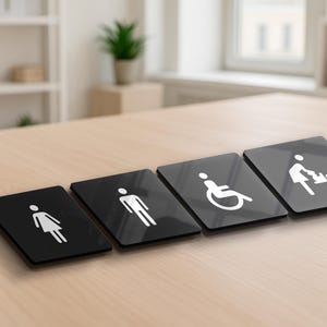 Modern Bathroom Door Signs – Acrylic Restroom Sign Set – Men, Women, Baby Changing, Wheelchair – Custom ADA Wall Signs - WC Plaques