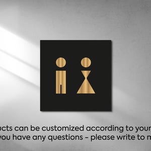 Letrero de baño moderno, en negro y dorado, de género neutro: símbolo de WC acrílico personalizable