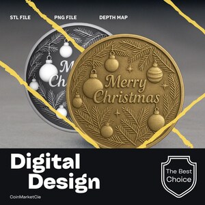 Peut inclure: Conception numérique présentant deux pièces sur le thème de Noël. L'une est argentée avec des ornements blancs et le texte "M Ch". L'autre est dorée avec le texte "Merry Christmas" et des ornements. L'image comprend le texte "Digital Design" et "The Best Choice".