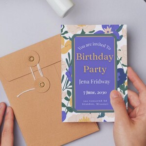 Invitation anniversaire adulte, canva modifiable, printable A6, carte anniversaire, faire part anniversaire, flowers card